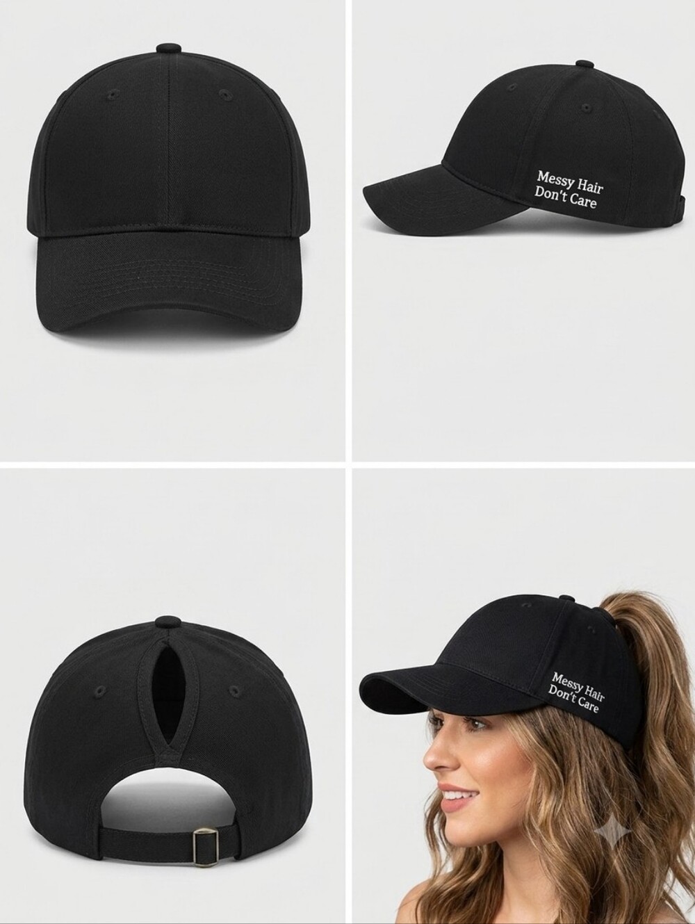 "Messy Hair Don't Care" Collection One Ponytail Baseball Cap – Black (D-1)